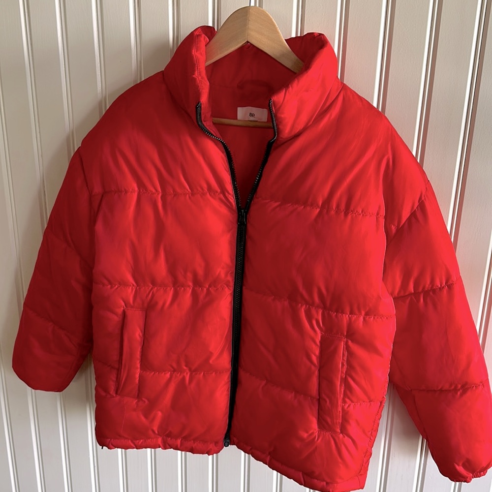 Red puffer coat